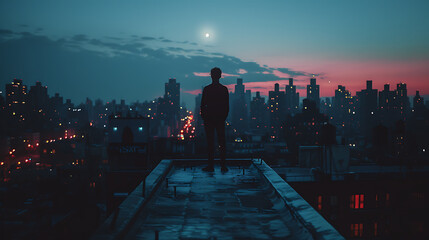 Canvas Print - A man stands on a rooftop looking out over a city at night