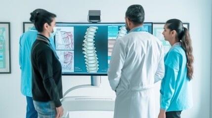 Aufkleber - Innovative Scoliosis Treatment Planning in Modern Clinic by Mixed-Ethnicity Medical Team Using AI Technology During National Scoliosis Awareness Month