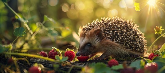 Wall Mural - A hedgehog in the forest, eating strawberries, wild greenery background
