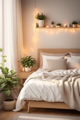 Wall Mural - Mockup white empty frame in light cozy and simple bedroom interior background, 3d render