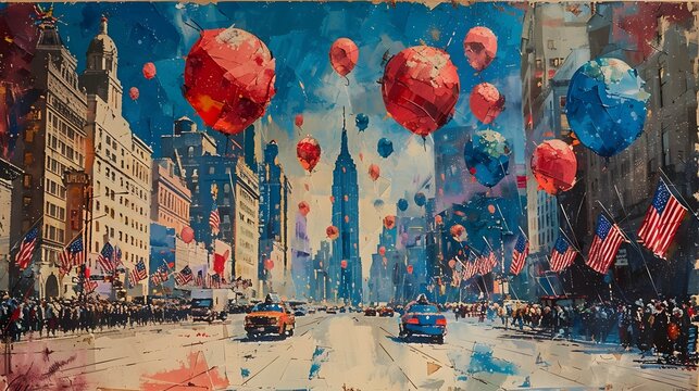 32K HD Expressionist artwork capturing the lively 4th of July parade, featuring a vibrant array of flags and balloons, with dynamic brushstrokes and vivid colors portraying the festive spirit.