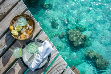 Sticker - plate with margarita cocktails and a white fabric napkin on a platter, on a wooden pier, with crystal clear turquoise waters