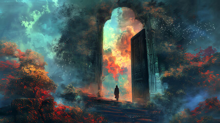 Wall Mural - A person is walking in a beautiful landscape with a castle in the background