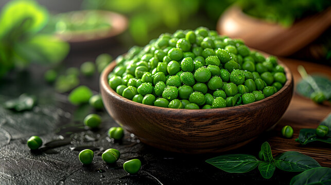 A bowl of green peas is on a wooden table. The bowl is placed on a dark surface, and the peas are fresh and vibrant