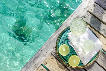 Sticker - margarita cocktails and a white fabric napkin on a platter, on a wooden pier, with crystal clear turquoise waters