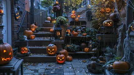 Halloween Staircase with Jack-O'-Lanterns