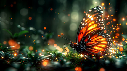 Wall Mural - A butterfly is sitting on a patch of green grass. The grass is covered in small, glowing sparks, creating a magical and ethereal atmosphere