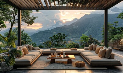 Poster - A Luxurious Outdoor Sofa Set with Plush Cushions and a Coffee Table Set on a Terrace Overlooking a Stunning Mountain