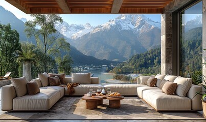 Sticker - A Luxurious Outdoor Sofa Set with Plush Cushions and a Coffee Table Set on a Terrace Overlooking a Stunning Mountain