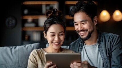 A man and woman laugh together while looking at a digital tablet