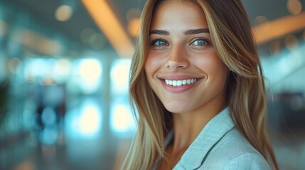 Wall Mural - A woman with long blonde hair smiles brightly, her teeth gleaming