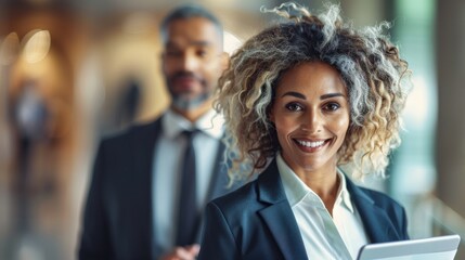 Wall Mural - A smiling businesswoman in a blue suit holds a tablet while standing in a professional office setting