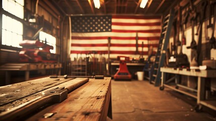 Rustic Workshop with American Flag, Tools, and Wooden Workbench in Warm Light - Industrial and Patriotic Vibes in a Craftsman's Garage