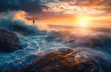 Wall Mural - A fisherman standing on the rocks fishing in front of an ocean wave crashing against them during sunset