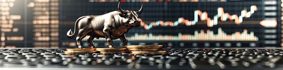 Wall Mural - A bull statue is on top of a keyboard with a bunch of coins