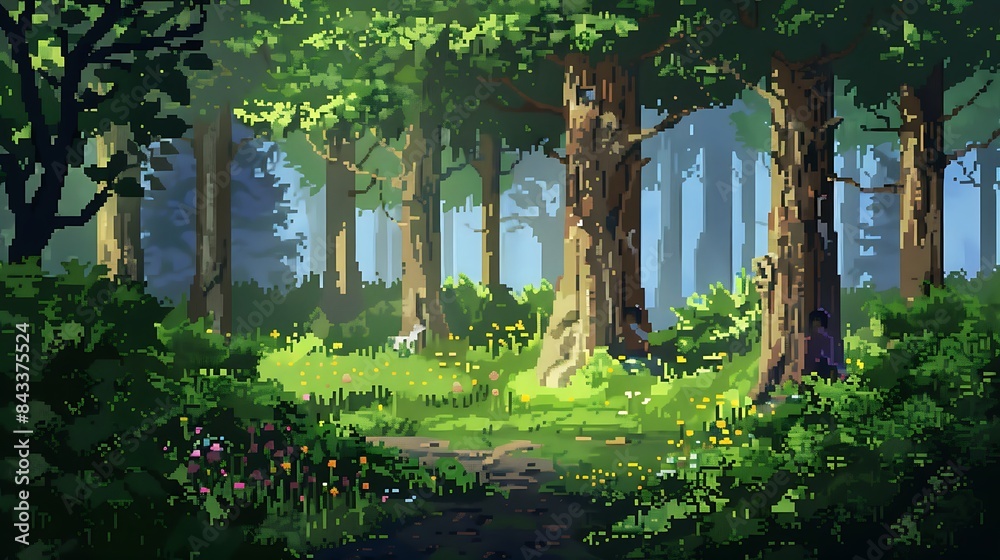 Forest landscape with 8 bit pixel art game screen style. Stock Photo ...