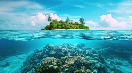 Wall Mural - Clear turquoise sea water Beautiful underwater view of a small island. Above and below the surface of the tropical oceans