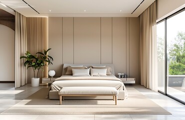 Wall Mural - Modern bedroom of a luxury house with a large bed and bench, beige wall panels and a white headboard