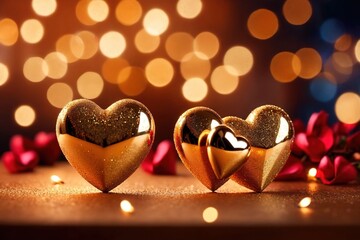Love and romance valentines concept with solid gold hearts showing precious relationship