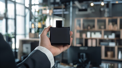 Sticker - mockup black square perfume bottle held by a man in a suit, Ai generated Images