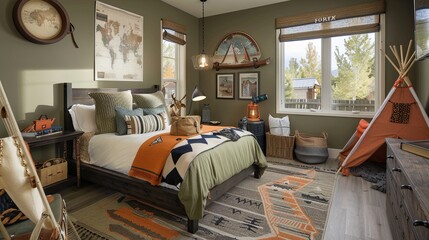 Sticker - Adventurous Explorer's Bedroom with a Bold and Dynamic Color Palette of Olive Green and Burnt Orange