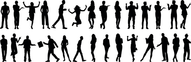 Wall Mural - People silhouette vector, dancing, jumping, walking, business, casual, group, human figures, men and women, isolated black outline diverse pose illustration