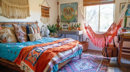 Sticker - Boho-Chic Bedroom with a Vibrant and Eclectic Color Palette of Turquoise and Coral