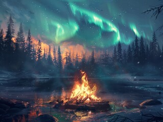 Camp fire in wilderness forest night on Aurora borealis, northern lights over bonfire in winter forest background.