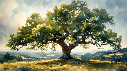 Wall Mural - Watercolor: Old oak in sunlight