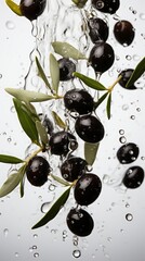 Wall Mural - olives flying on white background. levitation of olives in the air, frozen vertical frame.