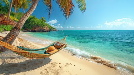 Poster - image of a serene tropical beach scene with crystal-clear turquoise waters, white sandy beach