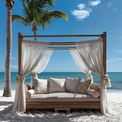 Poster - Luxury Beachfront Daybed with Canopy: A sumptuous beachfront daybed with an elegant canopy