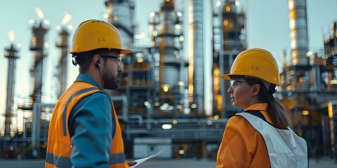 Engineers discussing sustainable resource expansion for renewable energy at an oil refinery. Concept Environmental Sustainability, Renewable Energy, Oil Refineries, Engineers, Resource Expansion