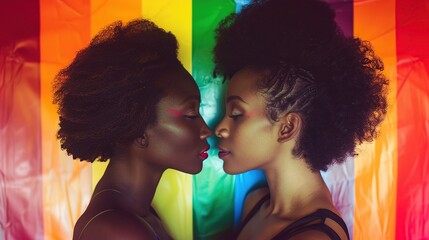 Two people embracing under a rainbow light, symbolizing love and unity. LGBT