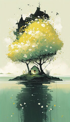 Wall Mural - white cottage a green island in the middle of the sea, sakura tree, small yellow flowers on green grass, petals rain