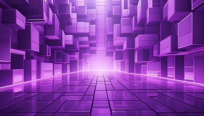 Wall Mural - Abstract purple 3D geometric pattern with cubes and rectangles, creating a tunnel-like effect. Modern and dynamic, evoking a sense of depth, innovation, and futuristic design.
