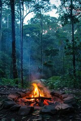 Sticker - Tranquil campfire scene at dusk in a lush forest clearing