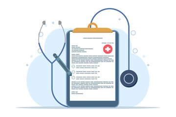 health checkup concept, clipboard with stethoscope, health checkup form report, medical record, heal