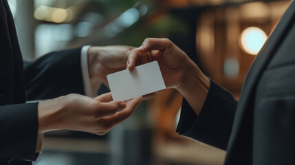 Close-up of business cards being exchanged