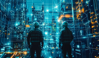 Poster - Silhouettes of engineers analyzing complex architectural blueprints and CAD designs on a futuristic digital interface with glowing lines and technical data visualizations