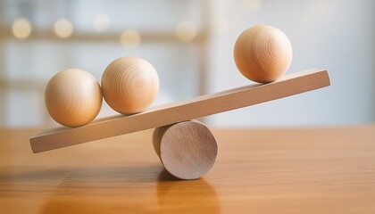 Wall Mural - Balancing Act: Small and Big Balls on a Wooden Scale Symbolizing Work-Life Choices