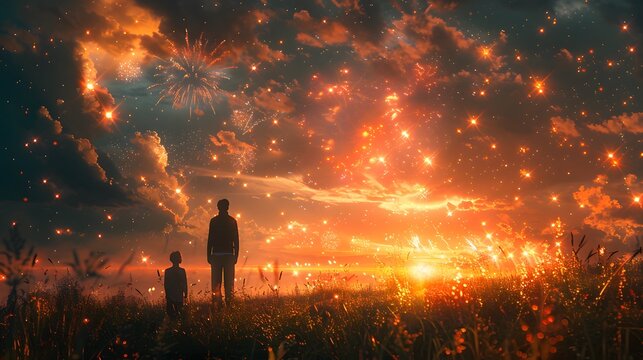 photomanipulation in 8k resolution of a family watching a dazzling fireworks display from a grassy f