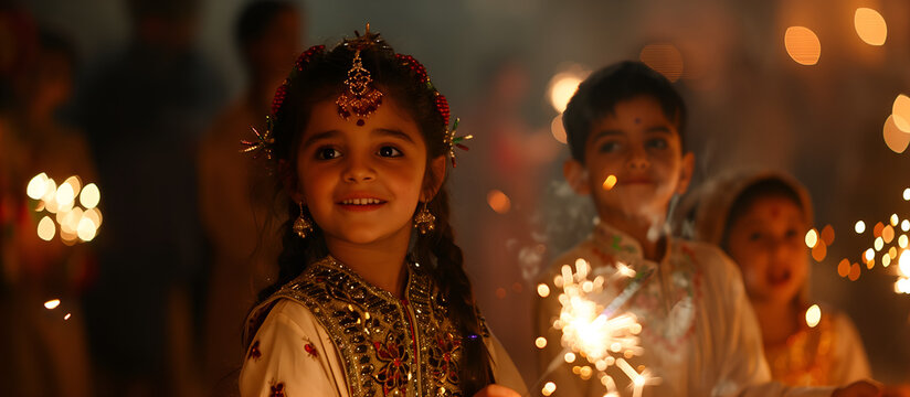 Indian children celebrate Diwali with joy, holding sparklers and dressed in traditional attire