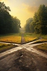 Wall Mural - a rural crossroads where two diverging dirt paths split