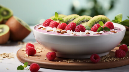 Wall Mural - pink dragonfruit smoothie bowl with only granola and grated coconut and kiwi as decoration