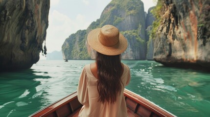 Wall Mural - woman on the boat with beautiful Hat