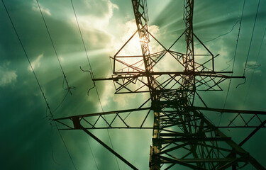 A closeup shot of an electric tower taken from the perspective looking up at it