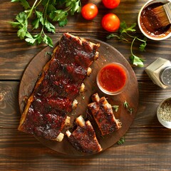 Wall Mural - Barbecue pork ribs with sauce on serving platter