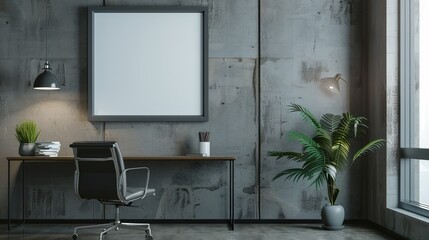 A modern office space with a minimalist frame with copy space on a concrete wall, beside a sleek desk and industrial chair.