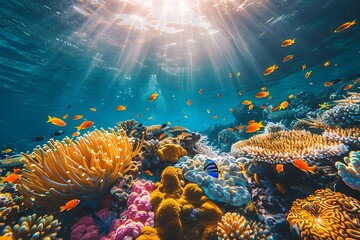 The vibrant coral reefs and tropical fish of the Great Barrier Reef, Australia, with the sun filtering through the water